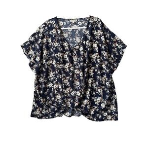 Studio B By Bobeau Navy Floral Short Sleeve Twist Front Blouse Womens 3X Cottage